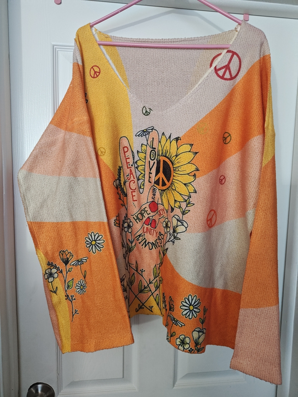 SHEIN Orange & Cream V-Neck Sweater with Sunflower Peace Graphic